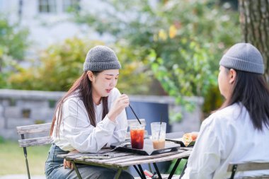 Koreli bir erkek ve bir Japon kadın, ikisi de 30 'larında ve evli bir çift, Gyeongchun-ro, Namyangju-si, Gyeonggi-do, Kore' de bulunan şık bir kafede üç köpekle sonbahar brunch 'ı yapıyorlar..