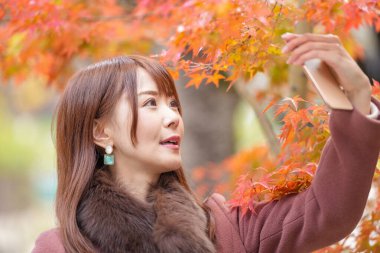 Sonbahar yapraklarının önünde. 30 'lu yaşlarda uzun saçlı Japon kadınlar akıllı telefonlarıyla selfie çekerler..