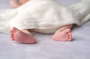 Profesyonel bir yeni doğan fotoğraf, altı aylık bir Japon bebeğini, yumuşak bir kundakla, yumuşak bir mor arka planda, yumuşak, rüya gibi bir ışıkla, rahat bir şekilde uyurken çeker..