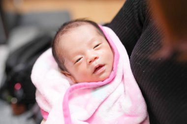 Yarım aylık bir Japon bebek pembe bir battaniyeye sarılır ve her iki ebeveynin sevgi dolu kollarına sarınır. Etrafı sıcak, rahat ve yumuşak bahar ışığıyla çevrilidir..