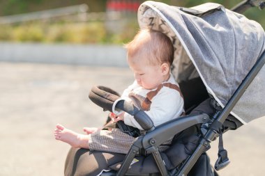 6 aylık bir Japon bebek bebek bebek arabası ile kırsal bir yolda geziyor, ailesiyle sessiz bir gezintiden zevk alıyor. Mart ayı başlarında yakalanan bebek, taze bahar havası ve güneş ışığıyla çevrili..