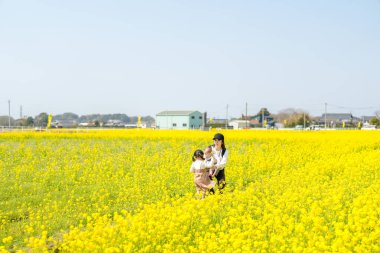 30 'lu yaşlarda Japon bir anne, 6 aylık bebeğini kucağında 3 yaşındaki ikiz kuyruklu kızıyla kırsalda çiçek açan bir tarlada oturuyor. Mart ayı başlarında yakalandı..