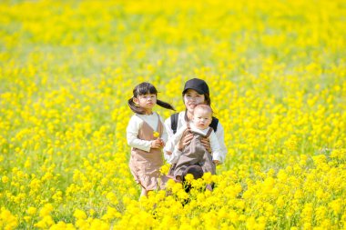 30 'lu yaşlarda Japon bir anne, 6 aylık bebeğini kucağında 3 yaşındaki ikiz kuyruklu kızıyla kırsalda çiçek açan bir tarlada oturuyor. Mart ayı başlarında yakalandı..