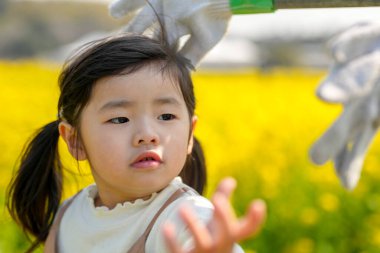 Mart ayında Japonya 'nın kırsalında, ikiz at kuyruklu 3 yaşındaki bir kız, narin bir bahar sahnesi olan tecavüz tohumları açan bir tarlada bir korkuluğun eline nazikçe dokunur..
