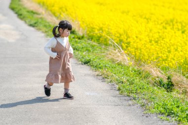 Huzurlu bir kırsal alanda, ikiz at kuyruklu 3 yaşındaki Japon bir kız Mart ayı başında çiçek açan kolza çiçeği tarlasında yürür ve baharın cazibesini somutlaştırır..