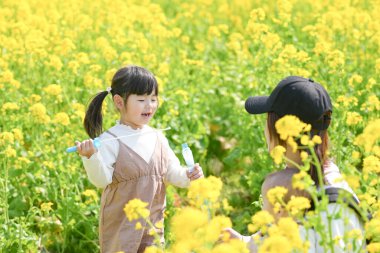 6 aylık Japon erkek çocuğu, 3 yaşındaki ikiz kuyruklu kız kardeşi ve 30 'larındaki anneleri, Mart ayında sıcak bir bahar gününde Japon kırsalında çiçek açan bir kolza tarlasında sabun köpüklerinin tadını çıkarıyorlar.