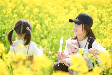 6 aylık Japon erkek çocuğu, 3 yaşındaki ikiz kuyruklu kız kardeşi ve 30 'larındaki anneleri, Mart ayında sıcak bir bahar gününde Japon kırsalında çiçek açan bir kolza tarlasında sabun köpüklerinin tadını çıkarıyorlar.