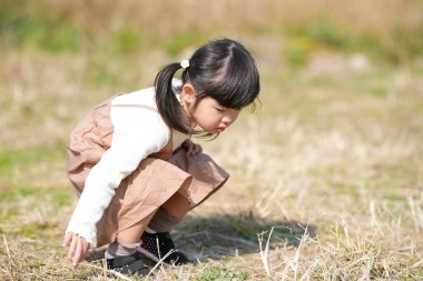 Japonya 'nın kırsal kesiminde, kır çiçekleriyle çevrili çimenli bir arazide oynayan ve Mart ayı sonlarında huzurlu bir öğleden sonra yumuşak bahar güneşinde yıkanan 3 yaşındaki Japon bir kız çocuğu..