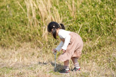 Japonya 'nın kırsal kesiminde, kır çiçekleriyle çevrili çimenli bir arazide oynayan ve Mart ayı sonlarında huzurlu bir öğleden sonra yumuşak bahar güneşinde yıkanan 3 yaşındaki Japon bir kız çocuğu..