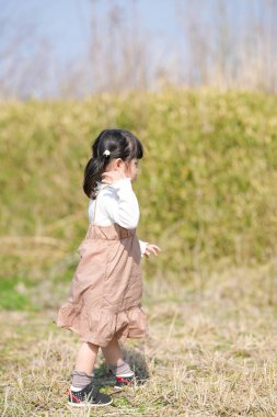 Japonya 'nın kırsal kesiminde, kır çiçekleriyle çevrili çimenli bir arazide oynayan ve Mart ayı sonlarında huzurlu bir öğleden sonra yumuşak bahar güneşinde yıkanan 3 yaşındaki Japon bir kız çocuğu..