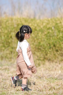 Japonya 'nın kırsal kesiminde, kır çiçekleriyle çevrili çimenli bir arazide oynayan ve Mart ayı sonlarında huzurlu bir öğleden sonra yumuşak bahar güneşinde yıkanan 3 yaşındaki Japon bir kız çocuğu..