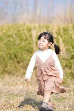 Japonya 'nın kırsal kesiminde, kır çiçekleriyle çevrili çimenli bir arazide oynayan ve Mart ayı sonlarında huzurlu bir öğleden sonra yumuşak bahar güneşinde yıkanan 3 yaşındaki Japon bir kız çocuğu..