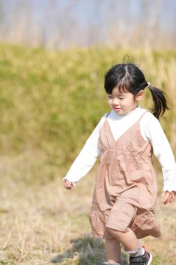 Japonya 'nın kırsal kesiminde, kır çiçekleriyle çevrili çimenli bir arazide oynayan ve Mart ayı sonlarında huzurlu bir öğleden sonra yumuşak bahar güneşinde yıkanan 3 yaşındaki Japon bir kız çocuğu..