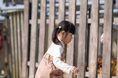 İkiz kuyruklu neşeli bir Japon kızı, Mart ayında güneşli bir bahar öğleden sonrasını sakin bir kırsal alanda yumuşak, sıcak güneş ışığıyla yıkanmış bir keçiyi yeşil otla besleyerek geçiriyor..