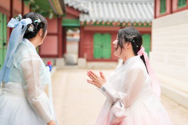 Seul, Haziran 2025: 20 'li yaşlarda iki Koreli kadın pembe ve gökyüzü mavisi Hanbok' la Gyeongbokgung Sarayı 'nda geziniyor. Yaz ışığında yıkanırlar, tarihi güzellikler arasında kahkahaları paylaşırlar..
