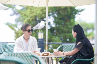 At a seaside cafe terrace, a Korean man and woman in their late 50s enjoy afternoon coffee and cake while a seagull watches from nearby, creating a peaceful and gentle scene. Incheon, South Korea.