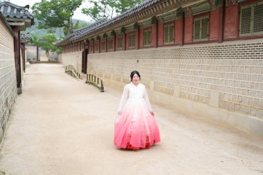 Yirmili yaşlarda, sevimli pembe bir Hanbok giyen Koreli bir kadın, Haziran 2025 'te Seul' de Gyeongbokgung Sarayı 'nın devasa taş duvarının önünde sessizce yankılanan silueti antik zarafeti yansıtıyor..