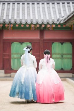 Haziran 'da Seul' de, 20 'li yaşlarında iki Koreli kadın Gyeongbokgung Sarayı' ndaki tarihi bir salonun önünde sevimli pembe ve gökyüzü mavisi Hanbok giyip açık bir yaz gökyüzü altında kameraya doğru zarif sırtlarını döndüler..