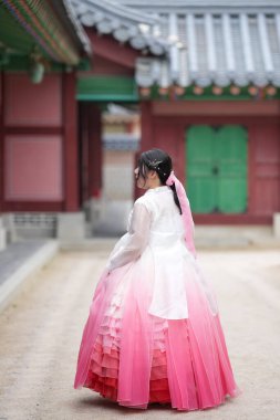 Haziran 2025 'te Seul' de, 20 'li yaşlarda iki Koreli kadın pembe ve gökyüzü mavisi Hanbok giyerek Gyeongbokgung Sarayı' nın geleneksel tuğla kapısının önünde duruyorlardı..
