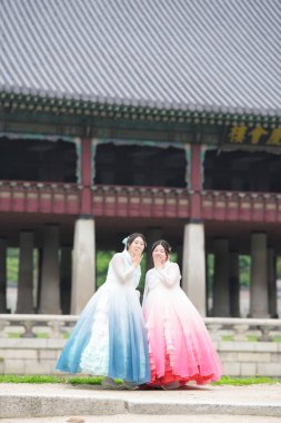 Haziran 'da Seul' de, yirmili yaşlardaki iki Koreli kadın Gyeongbokgung Sarayı 'ndaki tarihi bir salonda poz veriyor, parlak bir yaz gökyüzünün altında pembe ve gökyüzü mavisi bir Hanbok giyiyorlar. Seul, Haziran.