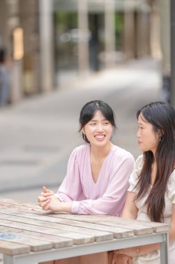 Two women sitting at a wooden table, one of them smiling. Scene is friendly and relaxed