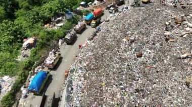 Aerial view of a city dump center full of trash. Herd of cows eating garbage in a landfill. Ecology and health issues.