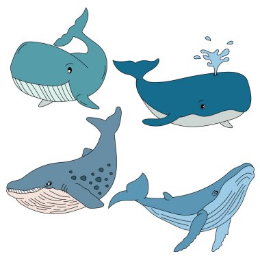 Balina Clipart seti. Sucul Hayvanlar Birliği. Deniz Hayvanı Su Altındaki Hayat 'tan Tırmanır. Okyanus Hayvanları Clipart Vektörü 
