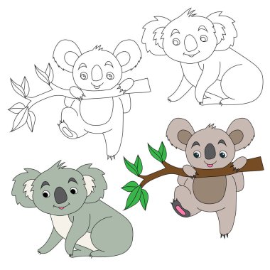 Koala clipart. Vahşi Hayvanlar orman ve vahşi yaşam aşıkları için koleksiyon topluyor. Bu set safari ve hayvanat bahçesi temalı projelerinize mükemmel bir katkı olacak. Her biri için iki tasarımı olan iki koala hayvanını içeriyor. renkli / siyah & beyaz