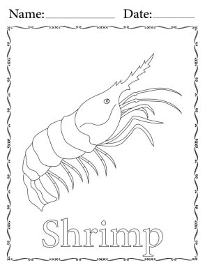 Çocuklar için Karides Basılabilir Renklendirme Çalışma Kağıdı. Okul ve Anaokulu için Eğitim Kaynakları.
