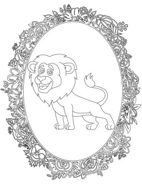 Çiçekli Çerçeve Boyama Sayfası 'ndaki Aslan. Çocuklar ve Yetişkinler için Yazdırılabilir Renk Çalışma Kağıdı. Okul için Eğitim Kaynakları.