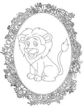 Çiçekli Çerçeve Boyama Sayfası 'ndaki Aslan. Çocuklar ve Yetişkinler için Yazdırılabilir Renk Çalışma Kağıdı. Okul için Eğitim Kaynakları.