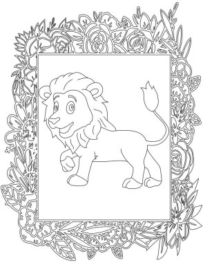 Çiçekli Çerçeve Boyama Sayfası 'ndaki Aslan. Çocuklar ve Yetişkinler için Yazdırılabilir Renk Çalışma Kağıdı. Okul için Eğitim Kaynakları.