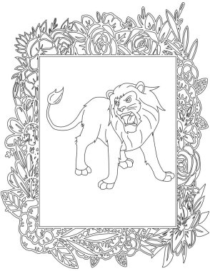 Çiçekli Çerçeve Boyama Sayfası 'ndaki Aslan. Çocuklar ve Yetişkinler için Yazdırılabilir Renk Çalışma Kağıdı. Okul için Eğitim Kaynakları.