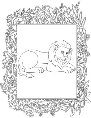 Çiçekli Çerçeve Boyama Sayfası 'ndaki Aslan. Çocuklar ve Yetişkinler için Yazdırılabilir Renk Çalışma Kağıdı. Okul için Eğitim Kaynakları.