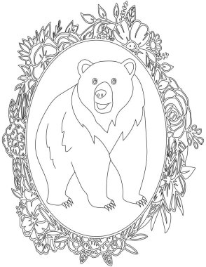 Çiçekli Çerçeve Boyama Sayfasında Ayı. Çocuklar ve Yetişkinler için Yazdırılabilir Renk Çalışma Kağıdı. Okul için Eğitim Kaynakları.