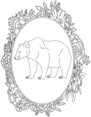 Çiçekli Çerçeve Boyama Sayfasında Ayı. Çocuklar ve Yetişkinler için Yazdırılabilir Renk Çalışma Kağıdı. Okul için Eğitim Kaynakları.