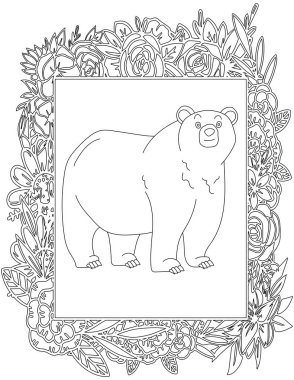 Çiçekli Çerçeve Boyama Sayfasında Ayı. Çocuklar ve Yetişkinler için Yazdırılabilir Renk Çalışma Kağıdı. Okul için Eğitim Kaynakları.