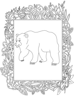 Çiçekli Çerçeve Boyama Sayfasında Ayı. Çocuklar ve Yetişkinler için Yazdırılabilir Renk Çalışma Kağıdı. Okul için Eğitim Kaynakları.