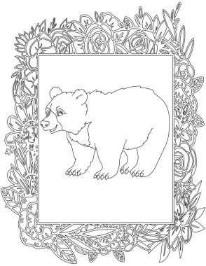 Çiçekli Çerçeve Boyama Sayfasında Ayı. Çocuklar ve Yetişkinler için Yazdırılabilir Renk Çalışma Kağıdı. Okul için Eğitim Kaynakları.