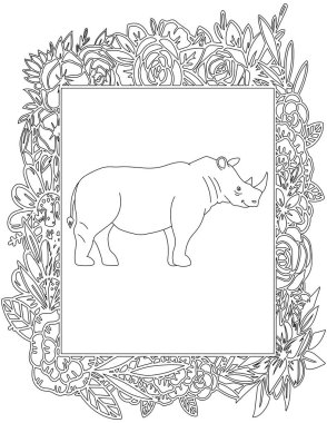 Çiçekli Çerçeve Boyama Sayfası 'ndaki Gergedan. Çocuklar ve Yetişkinler için Yazdırılabilir Renk Çalışma Kağıdı. Okul için Eğitim Kaynakları.