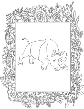 Çiçekli Çerçeve Boyama Sayfası 'ndaki Gergedan. Çocuklar ve Yetişkinler için Yazdırılabilir Renk Çalışma Kağıdı. Okul için Eğitim Kaynakları.