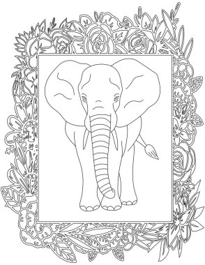 Çiçekli Çerçeve Boyama Sayfası 'ndaki Fil. Çocuklar ve Yetişkinler için Yazdırılabilir Renk Çalışma Kağıdı. Okul için Eğitim Kaynakları.