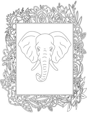 Çiçekli Çerçeve Boyama Sayfası 'ndaki Fil. Çocuklar ve Yetişkinler için Yazdırılabilir Renk Çalışma Kağıdı. Okul için Eğitim Kaynakları.