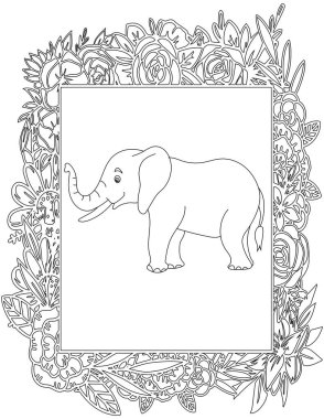 Çiçekli Çerçeve Boyama Sayfası 'ndaki Fil. Çocuklar ve Yetişkinler için Yazdırılabilir Renk Çalışma Kağıdı. Okul için Eğitim Kaynakları.