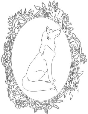 Çiçekli Çerçeve Boyama Sayfası 'ndaki Kurt. Çocuklar ve Yetişkinler için Yazdırılabilir Renk Çalışma Kağıdı. Okul için Eğitim Kaynakları.