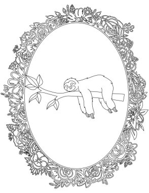 Çiçek Çerçevesi Boyama Sayfasında Tembel. Çocuklar ve Yetişkinler için Yazdırılabilir Renk Çalışma Kağıdı. Okul için Eğitim Kaynakları.