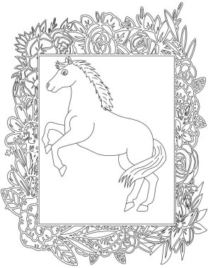 Çiçekli Çerçeve Boyama Sayfası 'ndaki At. Çocuklar ve Yetişkinler için Yazdırılabilir Renk Çalışma Kağıdı. Okul için Eğitim Kaynakları.