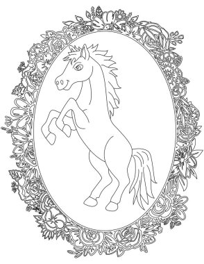 Çiçekli Çerçeve Boyama Sayfası 'ndaki At. Çocuklar ve Yetişkinler için Yazdırılabilir Renk Çalışma Kağıdı. Okul için Eğitim Kaynakları.