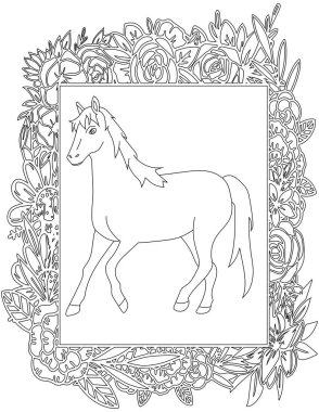 Çiçekli Çerçeve Boyama Sayfası 'ndaki At. Çocuklar ve Yetişkinler için Yazdırılabilir Renk Çalışma Kağıdı. Okul için Eğitim Kaynakları.