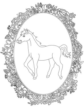 Çiçekli Çerçeve Boyama Sayfası 'ndaki At. Çocuklar ve Yetişkinler için Yazdırılabilir Renk Çalışma Kağıdı. Okul için Eğitim Kaynakları.